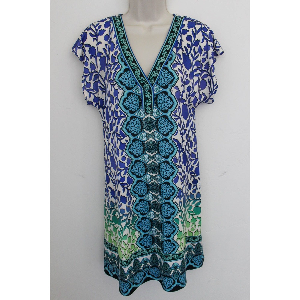Hale Bob Dress Small Blue Purple Floral Jersey Pullover V-Neck Relaxed